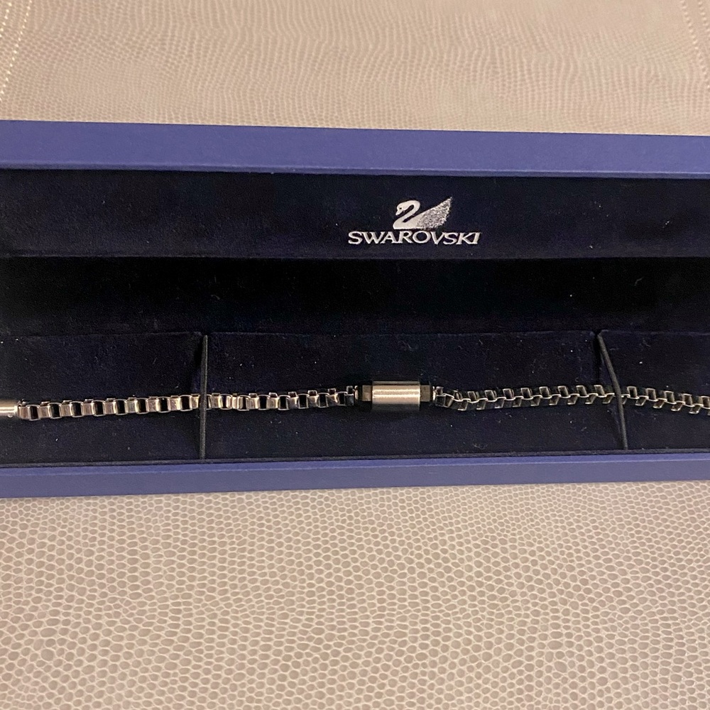 SWAROVSKI MENS BLACK CRYSTAL AND METAL BRACELET